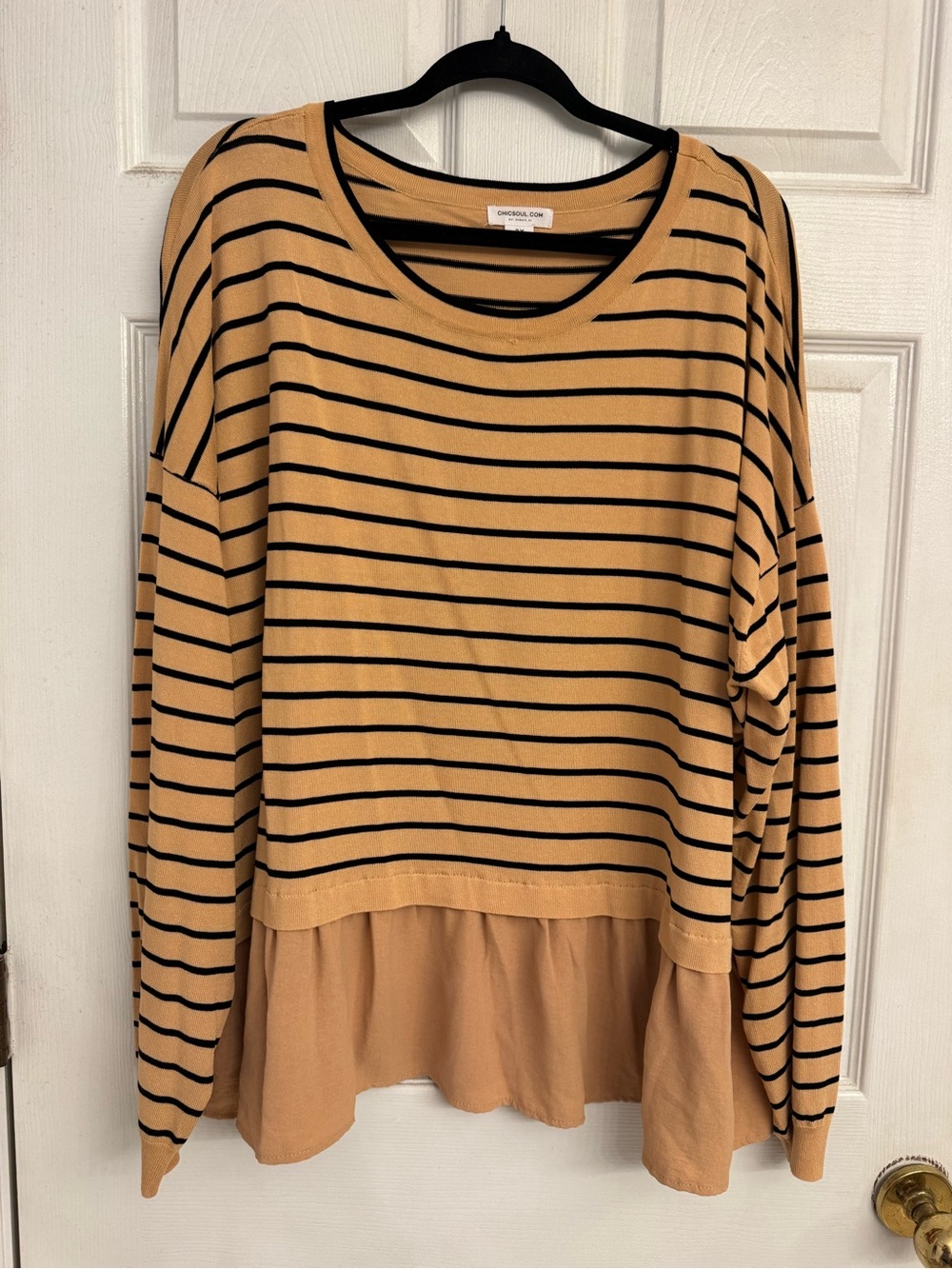 Chic Soul Striped Mustard Black Layered Hem Top NWOT